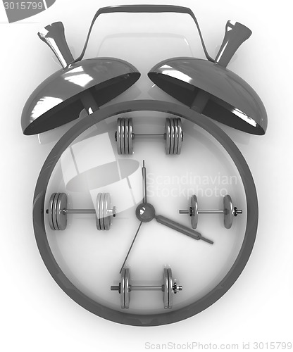 Image of Alarm clock icon with dumbbells. Sport concept 