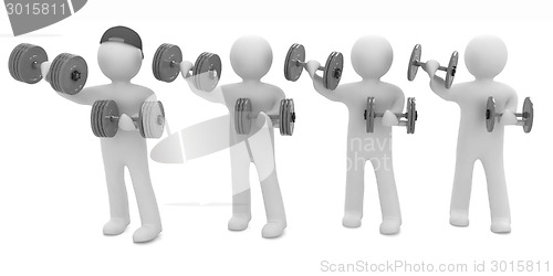 Image of 3d mans with colorfull dumbbells 