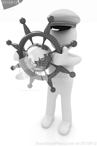 Image of Sailor with steering wheel and earth. Trip around the world conc
