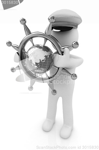 Image of Sailor with gold steering wheel and earth. Trip around the world