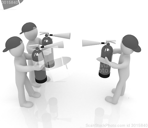 Image of 3d mans with red fire extinguisher. The concept of confrontation