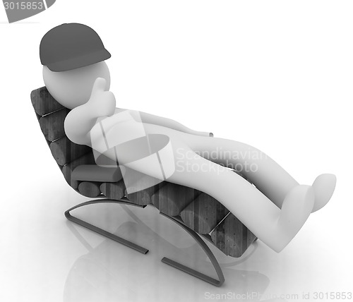 Image of 3d white man lying wooden chair with thumb up