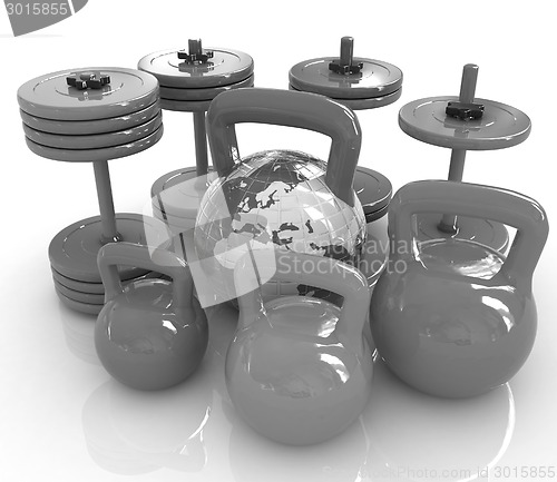 Image of Colorful weights and dumbbells and earth. Global 