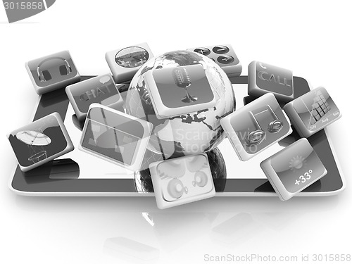 Image of Touchscreen Smart Phone with Cloud of Media Application Icons 