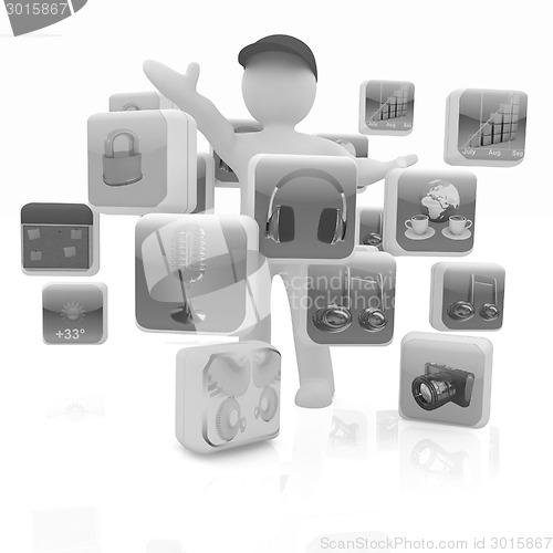 Image of 3d man with cloud of media application Icons 