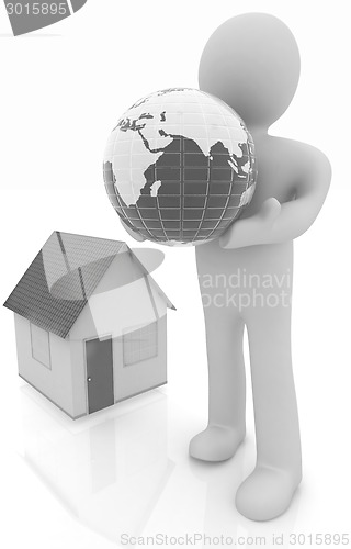 Image of 3d man, houses and earth 