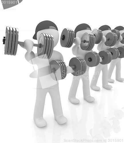 Image of 3d mans with colorfull dumbbells 