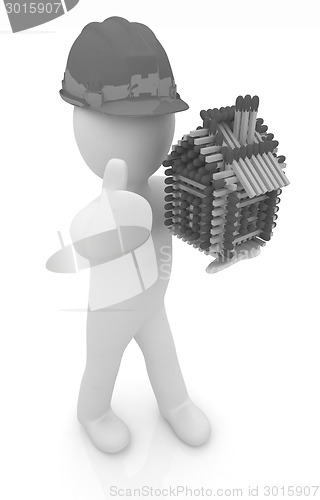 Image of 3d architect man in a hard hat with thumb up with log house from
