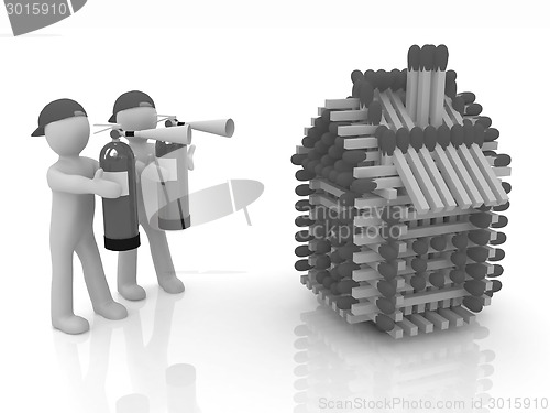 Image of 3d man with red fire extinguisher and log houses from matches pa