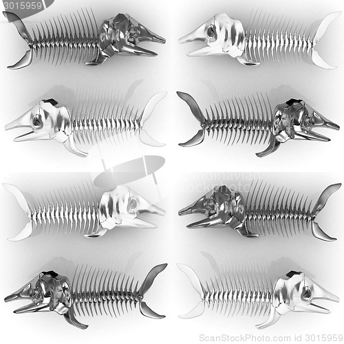 Image of Set of 3d metall illustration of fish skeleton 