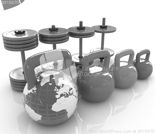 Image of Colorful weights and dumbbells and earth. Global 