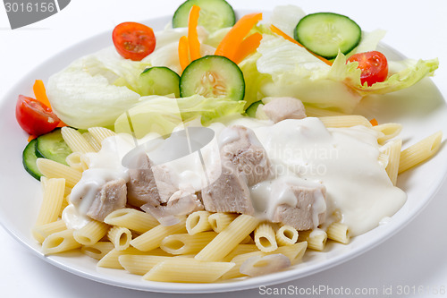 Image of Chicken and pasta with white sauce side view