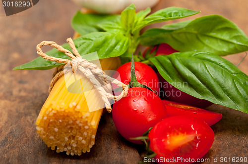 Image of Italian spaghetti pasta tomato and basil