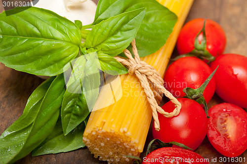 Image of Italian spaghetti pasta tomato and basil