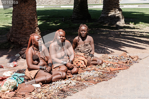 Image of Group of Himba girl with souvenirs for sale in the main marketplace in Svakopmund