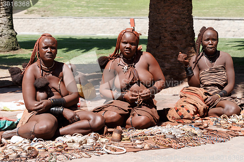 Image of Group of Himba girl with souvenirs for sale in the main marketplace in Svakopmund