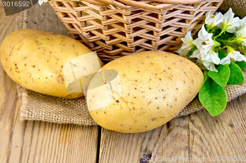 Image of Potatoes yellow with flower and basket on sackcloth