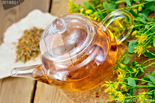 Image of Tea with fresh and dry tutsan in glass teapo on board