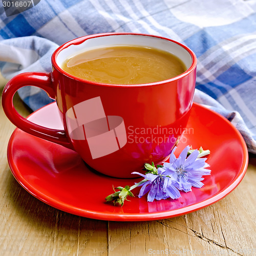 Image of Chicory drink in red cup with napkin on board