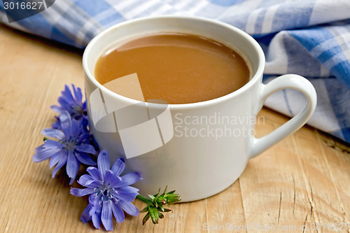 Image of Chicory drink in white cup with flower on board