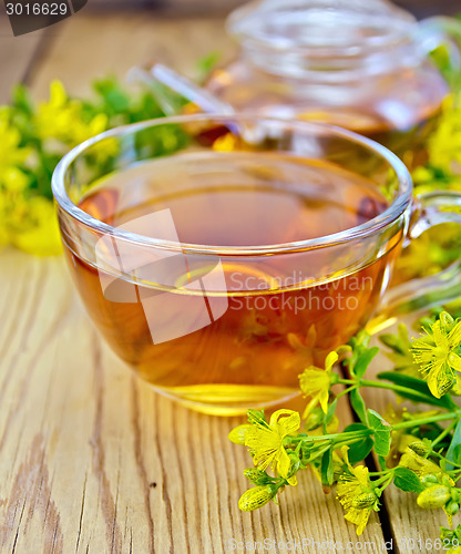 Image of Tea from tutsan in glass cup and teapot on board