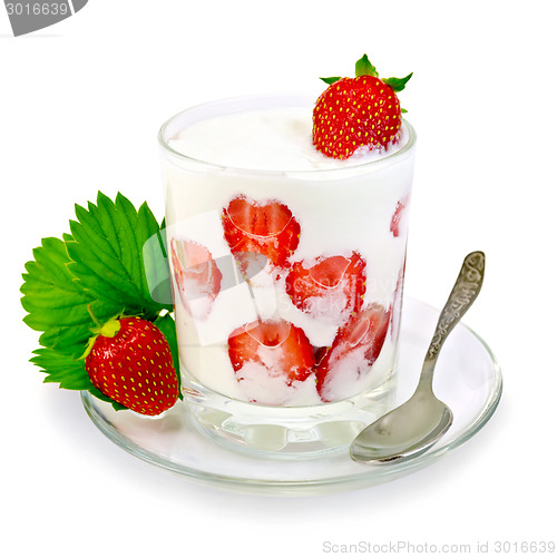 Image of Yogurt thick with strawberries in glass and spoon