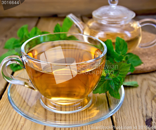 Image of Tea with mint on wooden board