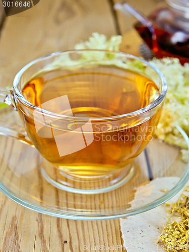 Image of Tea from meadowsweet in cup and teapot on board