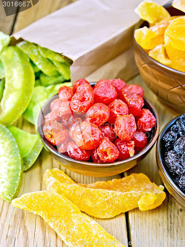 Image of Candied cherries and other fruit in bowl on board