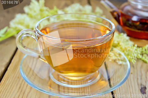 Image of Tea from fresh meadowsweet in glass cup and teapot