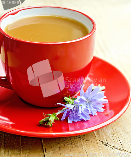Image of Chicory drink in red cup with flower on saucer