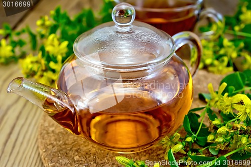 Image of Tea from tutsan in glass teapot on board