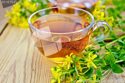 Image of Tea from tutsan in glass cup on board