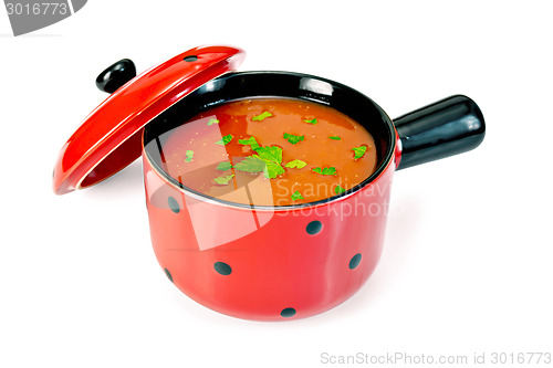 Image of Soup tomato in red bowl with parsley