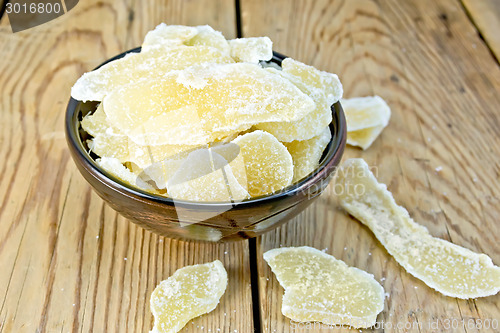 Image of Candied ginger in bowl on board