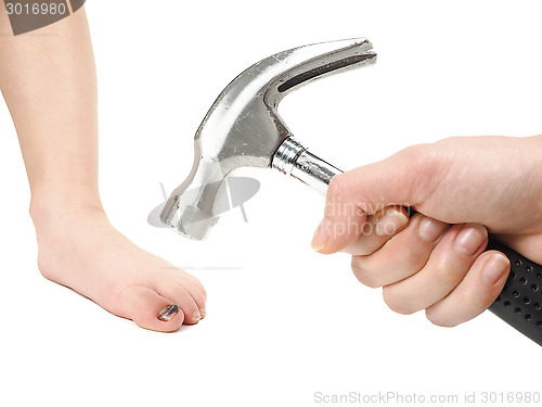 Image of Someone holding a hammer over a child's foot with blue hallux na