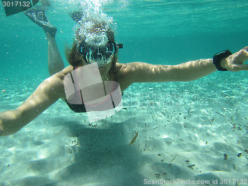 Image of Female swimmer blowing bubbles under water