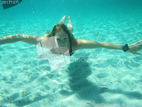 Image of Female with eyes open underwater in ocean