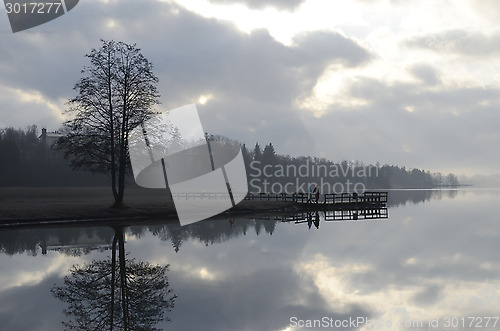 Image of summer landscape, lake and wooden  in fog