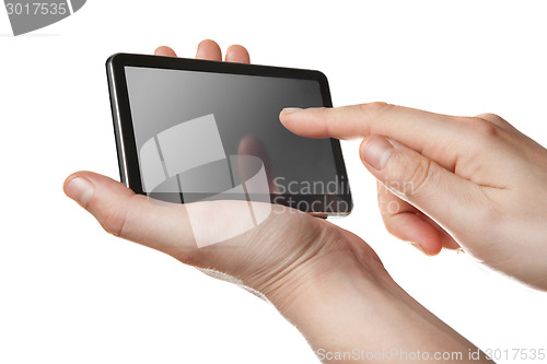 Image of tablet pc with touch screen in hands isolated