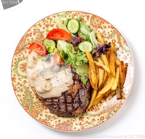 Image of Ribeye steak dinner from above