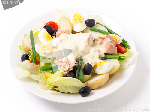 Image of Nicoise salad from the side