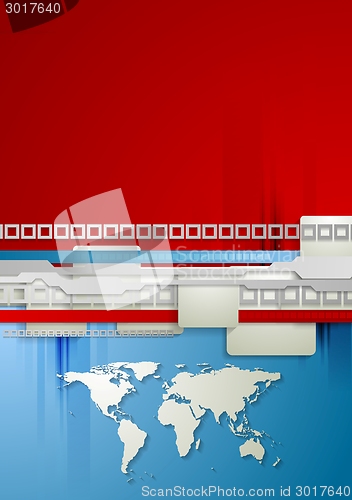 Image of Red and blue technology background with world map