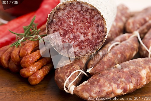 Image of Different sausages and salami
