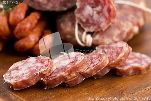 Image of Different sausages and salami