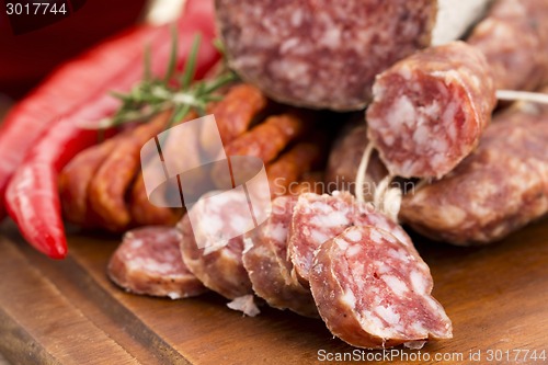 Image of Different sausages and salami