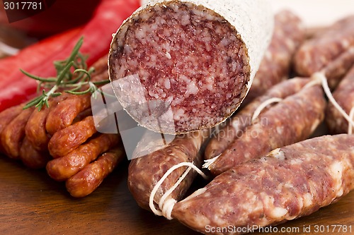 Image of Different sausages and salami