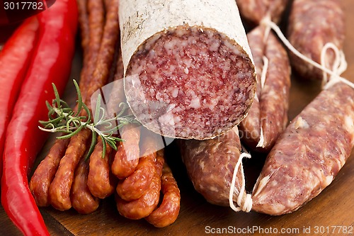 Image of Different sausages and salami