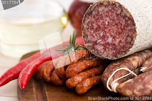 Image of Different sausages and salami