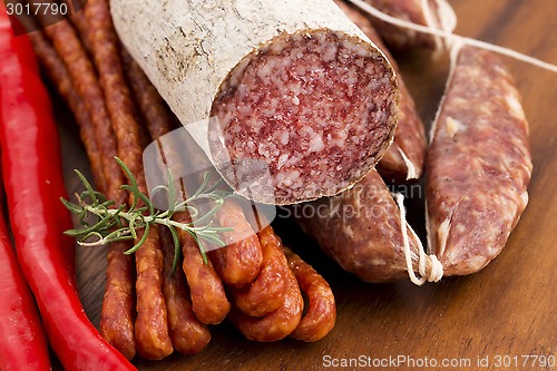 Image of Different sausages and salami